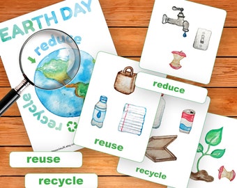 EARTH Day Ecology Nature - Montessori Science - Watercolor Art - Printable Instant Digital Download Cards Compost 3R's Reduce Reuse Recycle