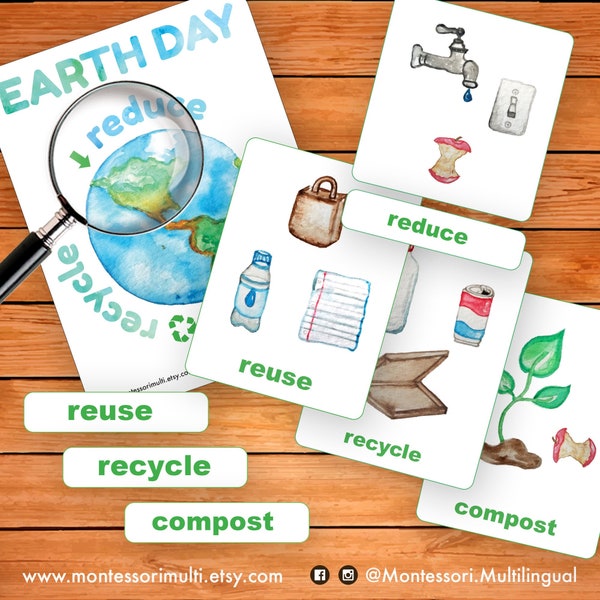 EARTH Day Ecologie Natuur - Montessori Wetenschap - Aquarel Kunst - Afdrukbare Instant Digitale Downloadkaarten Compost 3R's Verminder Hergebruik Recycle