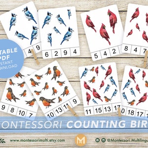 May include: Printable Montessori counting cards featuring watercolor illustrations of blue jays, cardinals, and robins. The cards include numbers 1 through 18 and are designed for early childhood education.