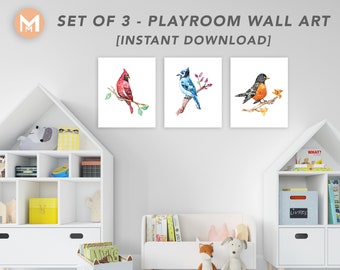 Birds - Watercolor Wall Art - Kids Montessori Playroom - Playroom Decor - Set of 3 - Instant Download