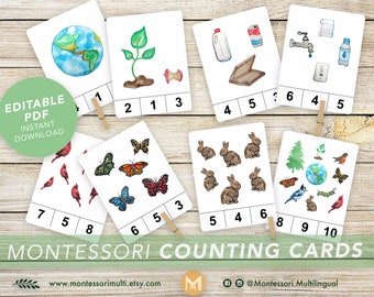 COUNTING CARDS • Earth Day Nature Ecology • Montessori Clip Cards • Flash Cards • Educational • Printable • Editable PDF • Watercolor Art