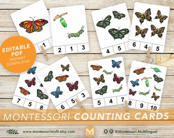 COUNTING BUTTERFLIES • Life Cycle • Montessori Counting Cards • Clip Cards • Flash Cards • Educational • Montessori Printable • Download