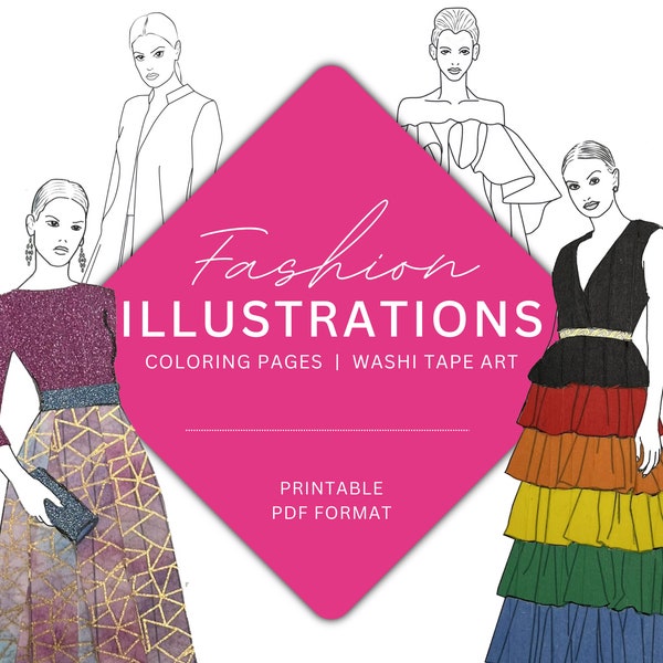 Washi Tape Clip Art | Fashion Girl Clipart Bundle | Fashion Illustration | Coloring Page For Adult | Fashion Illustration Evening Gown