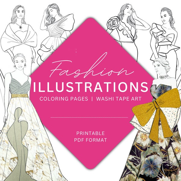 Fashion Illustration Evening Gown | Fashion Girl Clipart Bundle | Fashion Illustration | Coloring Page For Adult | Washi Tape Clip Art