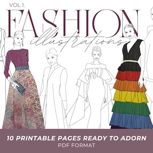Washi Tape Clip Art | Fashion Girl Clipart Bundle | Fashion Illustration | Coloring Page For Adult | Fashion Illustration Evening Gown