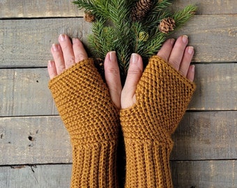 Wrist Warmers, Honeycomb Gold Crochet Fingerless Mittens, No Animal Fingerless Gloves