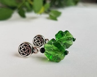 Shamrock Earrings with Celtic knot - Swarovski crystal - St Patricks Day Earrings