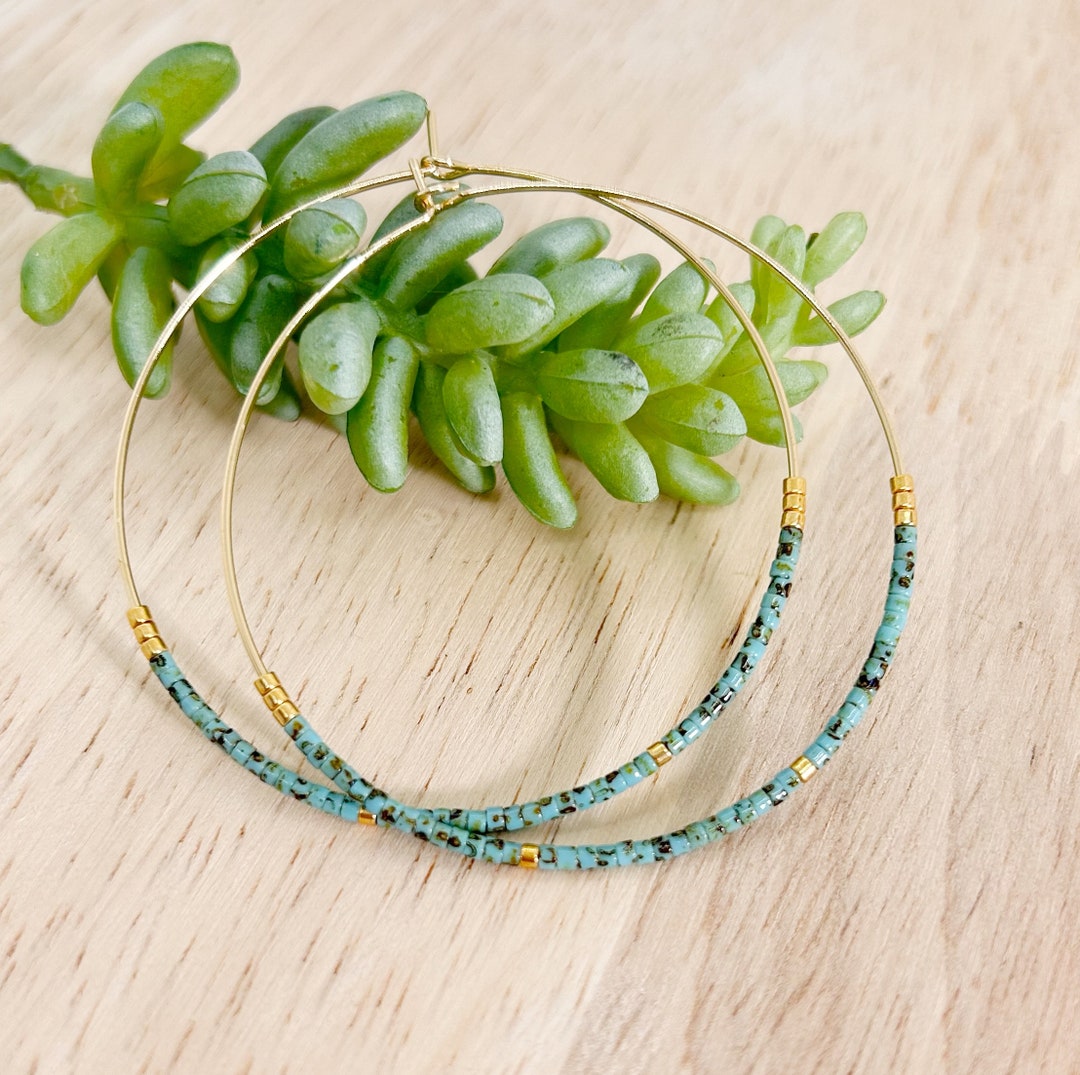 Turquoise Hoop Earrings, Beaded Hoop Earrings, Dainty Bead Hoop