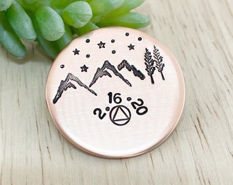 Porte-clés Médaillon de Sobriété, Cadeau de rétablissement des AA, Motif montagne, Porte-clés sobre, Cadeau sobre, Porte-clés de sobriété, Symbole de sobriété, Sobriété