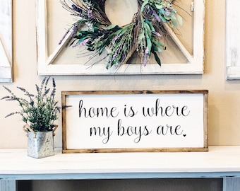 May include: A wooden sign with a white background and brown frame. The sign says "home is where my boys are." The sign is sitting on a white table with a small potted plant in front of it.