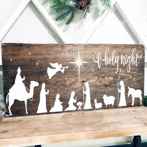 Christmas Nativity Scene, O Holy Night, Gold, Christmas Sign, Nativity, Christmas Decor, Rustic Christmas, Nativity Sign