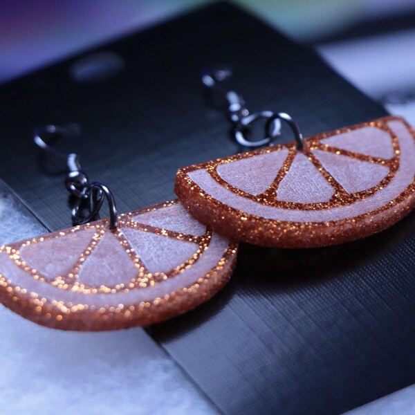 Laser Cut and Engraved Orange Glitter Orange Citrus Slices Acrylic Earrings