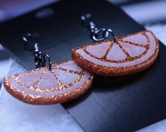 Laser Cut and Engraved Orange Glitter Orange Citrus Slices Acrylic Earrings