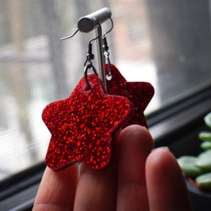 Laser Cut Red Acrylic Glitter Star Earrings | 4th of July | Holiday