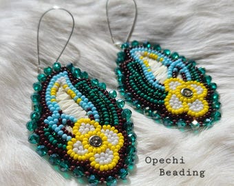 Native American Handmade Beaded Flower Earrings – Porcupine Quill, Silver Accents