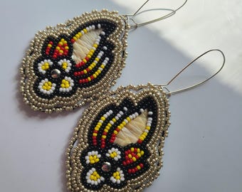 Natie American Beaded Earrings- Native American beaded quill earrings ~ Beaded Flower Earrings ~ Porcupine Quill Earrings