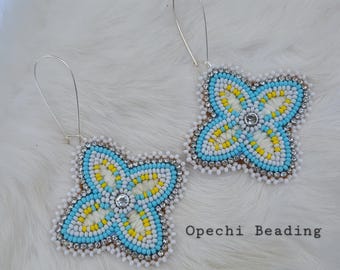 Native American Handmade Beaded Flower Earrings – Porcupine Quill, Silver Accents