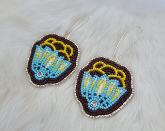 Native American Handmade Beaded Flower Earrings – Porcupine Quill, Silver Accents