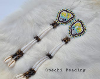 Native American Handmade Beaded Flower Earrings – Porcupine Quill - Dentalium Earrings, Silver Accents