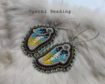 Native American Handmade Beaded Flower Earrings – Porcupine Quill, Silver Accents