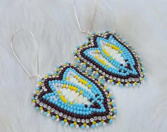 Native American Handmade Beaded Flower Earrings – Porcupine Quill, Silver Accents
