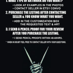May include: How to order custom artwork.  Instructions include looking at examples, contacting the seller, purchasing the listing, and requesting a pencil proof.  The image shows a pair of crossed drumsticks held in a hand.