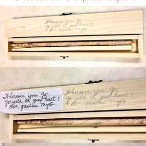 May include: A wooden box with a personalized message engraved on the top. The message reads "Wherever you go, go with all your heart! Love, grandma Mysta". The box contains three wooden drumsticks. The box is also engraved with the name "Brandon Montalvo" and the date "May 7, 2020".