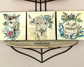 woodland animals - nursery decor - Easter wall decor - bunny art - highland cow art - baby deer art - baby shower gift -spring coquette art