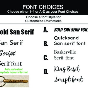 May include: A graphic showing font choices for customized drumsticks. The choices are: Bold San Serif, San Serif, Script, Serif font, BOLD SAN SERIF FONT, Quicksand, San serif font, Baskerville, Serif font, King Basil, Script font.
