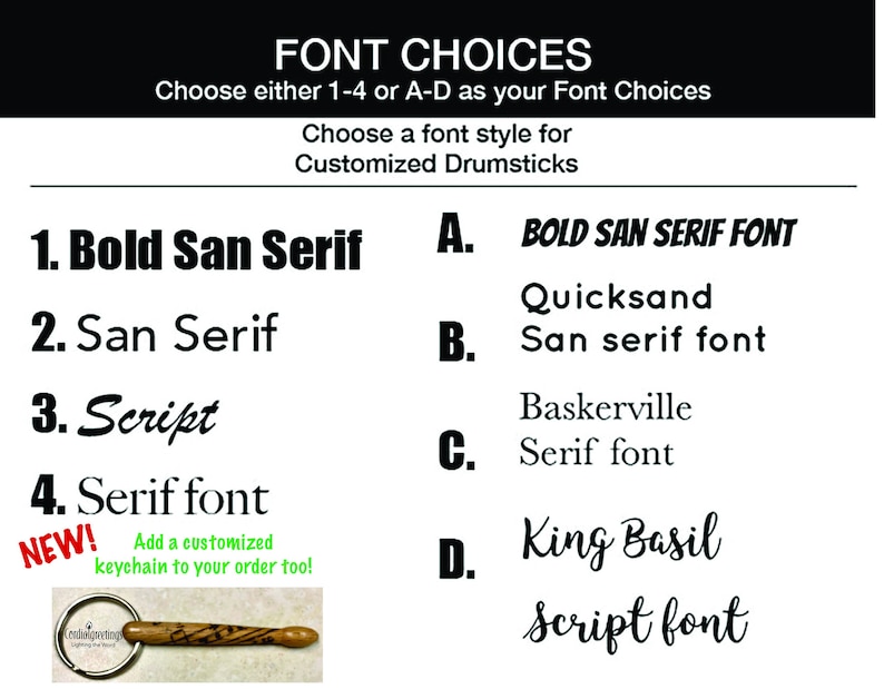 May include: A graphic showing font choices for customized drumsticks. The choices are: Bold San Serif, San Serif, Script, Serif font, BOLD SAN SERIF FONT, Quicksand, San serif font, Baskerville, Serif font, King Basil, Script font.
