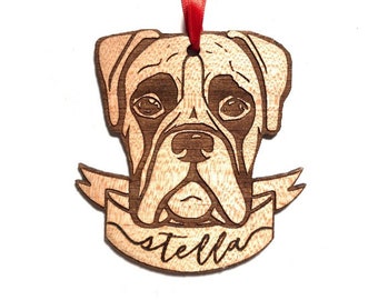 Boxer Ears Down uncropped Can Be Personalized Laser Cut Wood Dog Ornament