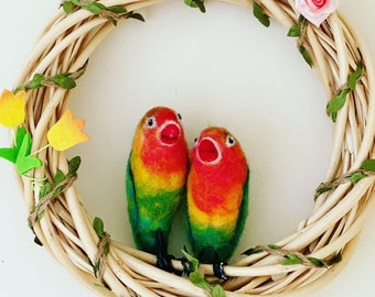 Love birds/Love bird Wreath/Love bird Ornament/Needle Felted Love birds/Bird Wreath/Gift for Love birds/Needle felted birds/Wedding gift