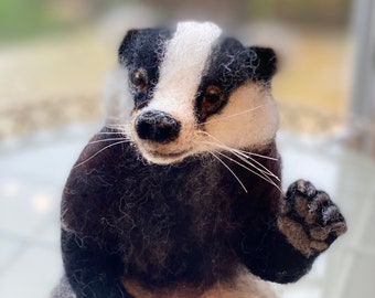 Needle Felted Badger Sculpture: Handmade Wool Woodland Decor