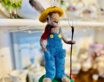 Needle Felted Gardening Rabbit, Country Bunny Doll, Felt Hare Sculpture, Handmade Woodland Rabbit Ornament, Whimsical Bunny Gift