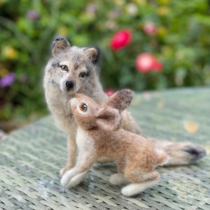 Könnte beinhalten: Ein grauer Wolf mit braunen Augen und ein braunes Kaninchen mit weißen Füßen stehen auf einer gewebten Oberfläche. Der Wolf schaut das Kaninchen an, und das Kaninchen schaut den Wolf an.