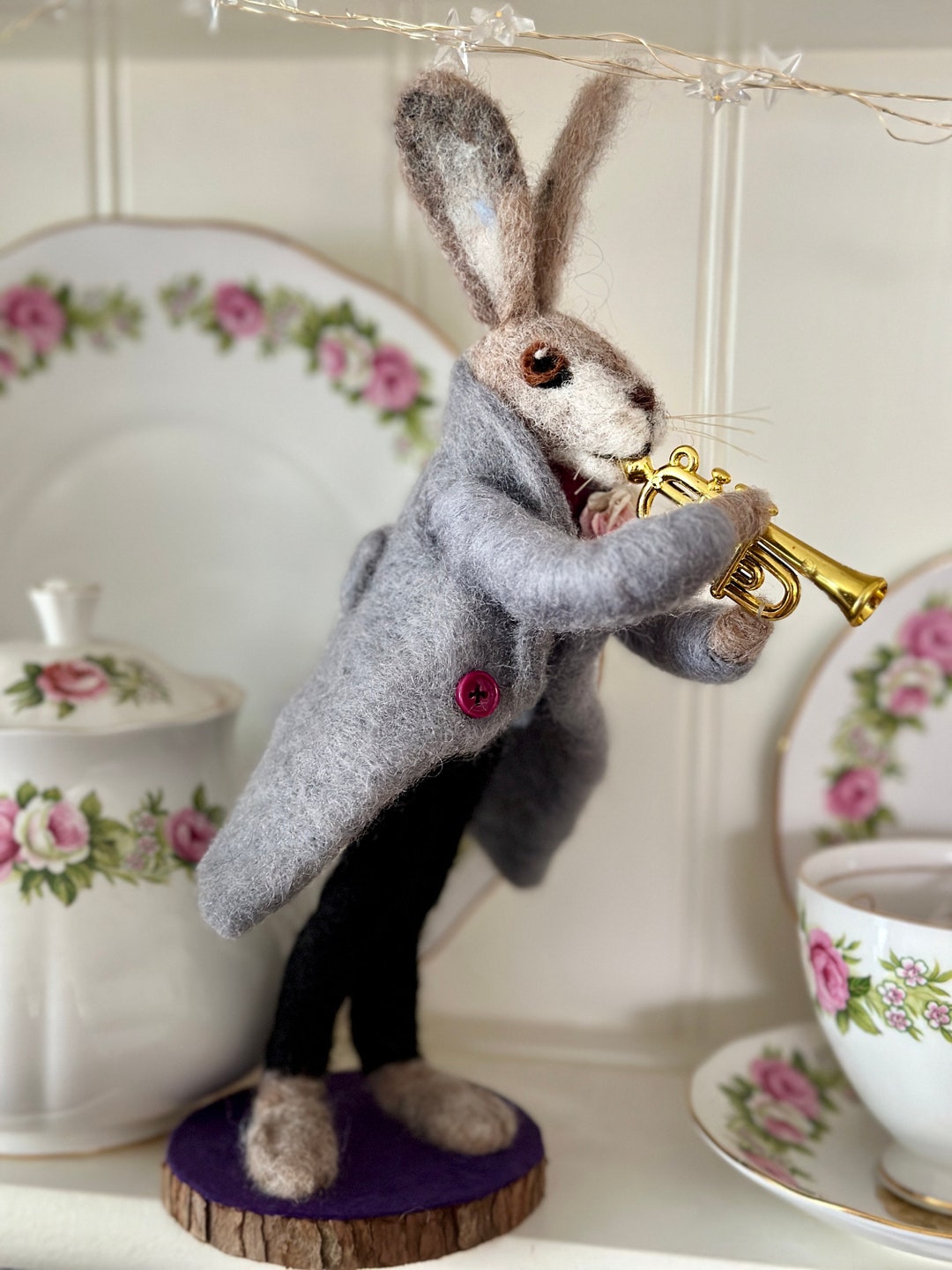 Needle Felted Musical Hare Doll - Trumpet Playing Rabbit - Whimsical ...