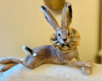 Reclining Hare with ruffle /Rabbit lover gift/Hare Sculpture/Felted Rabbit/Felt Animals//Needle felted Animal/Needle Felted Hare/Felted Gift