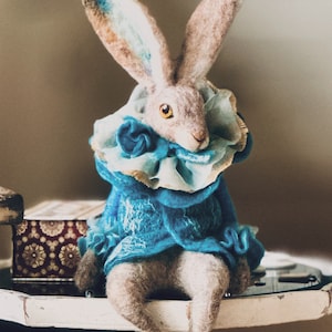 Needle Felted Hare Art Doll: Dressed Wool Rabbit Sculpture