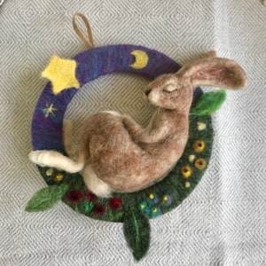 Rabbit Wreath/Moon Rabbit/Moon Hare Sculpture/Bunny Hanging/Needle Felted Hare/Home Decor/Needle Felted animal/Nursery Decor/Felted Rabbit