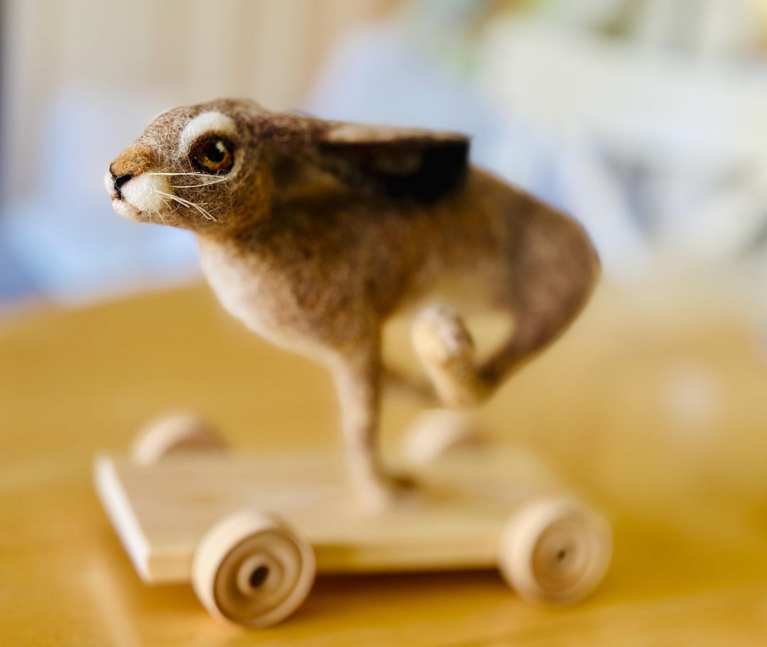 Running Hare on Wheels – Needle Felted Hare Sculpture, Handmade Rabbit ...