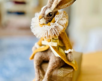 OOAK Heirloom Hare Sculpture; Handmade Needle Felted Hare : Felted Dressed Rabbit Figurine, Hare Wool Sculpture, Collectible Hare