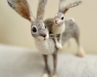 Needle Felted Daddy Hare Sculpture: Daddy and Baby Rabbit, OOAK rabbit sculpture, felted hares, Easter decor, nursery decor