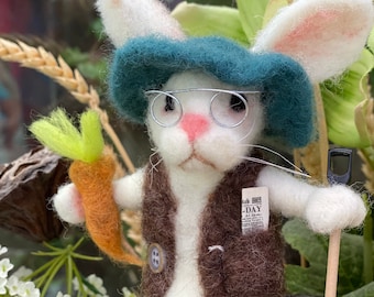 Needle Felted Grandpa Bunny Ornament: Easter Decor, OOAK Rabbit Figurine