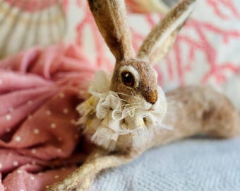 Needle Felted Hare Sculpture: Reclining Rabbit with Ruffle, needle felted rabbit, rabbit gift, handmade hare, OOAK hare sculpture