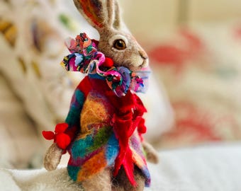 Whimsical Dressed Rabbit Sculpture -  Needle Felted Hare Doll, Collectible Art Doll, Handmade Mixed Media Animal Gift