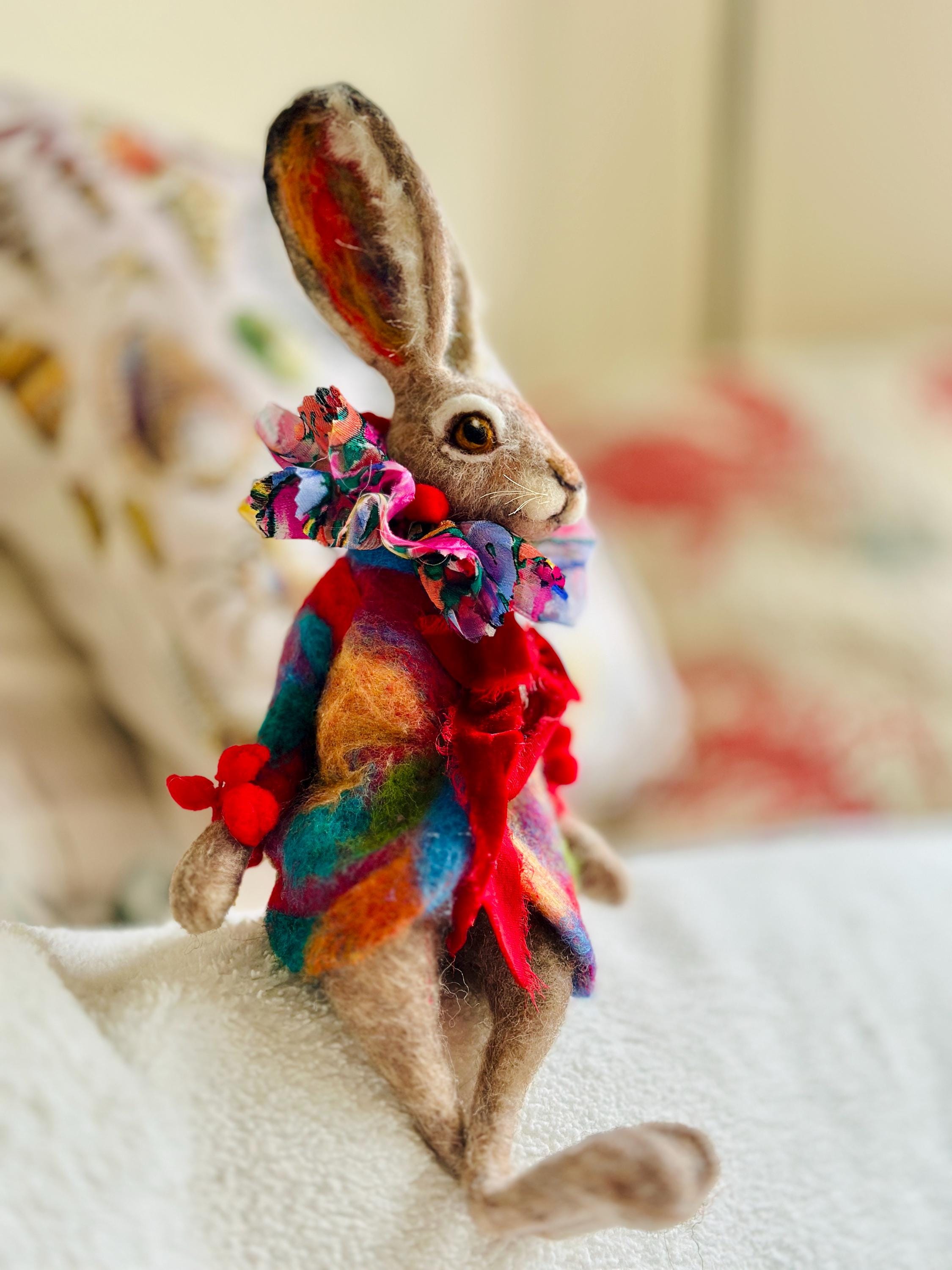 Whimsical Needle Felted Hare : Collectible Whimsical Rabbit, Mixed