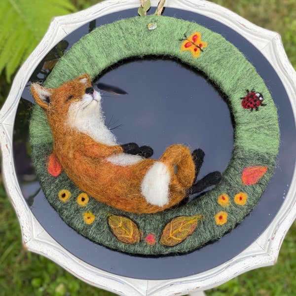 Fox/Needle Felted Fox/Fox Wreath/Woodland Decor/Easter Hanging/Sleeping Fox/Woodland Mobile/Baby Shower Gift/Felt animal/Home Decor