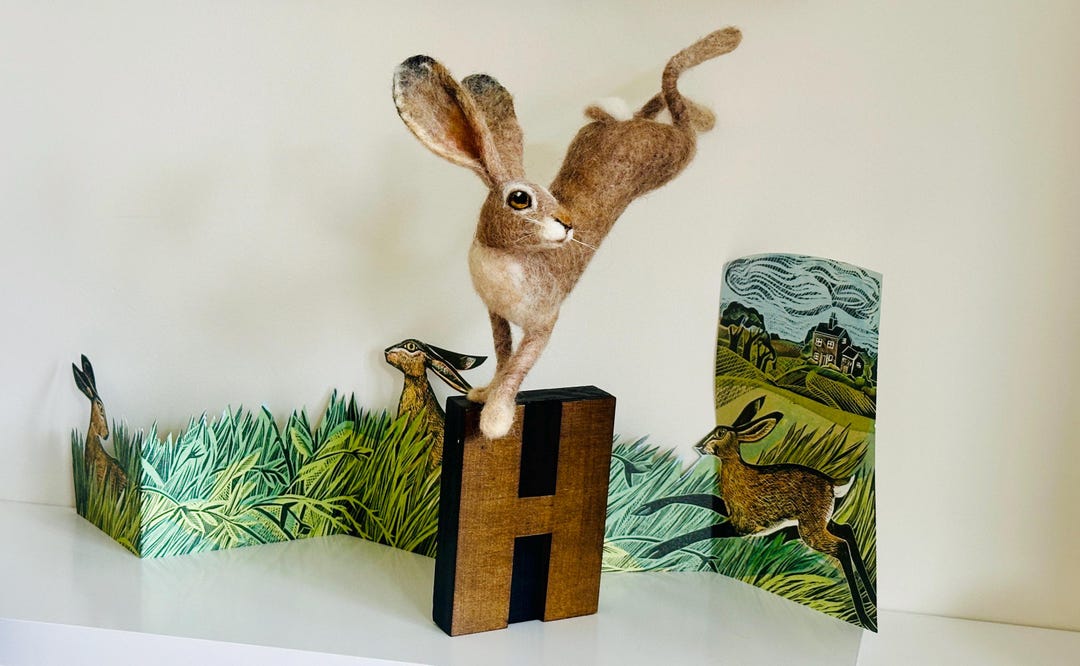 Leaping Rabbit Sculpture on Vintage Style Wooden Letter Block – Needle ...