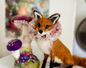 Needle Felt Fox with Ruffle Collar : Handmade Wool Fox Figurine; Felted Animal Art Sculpture; Woodland Decor Gift for Animal Lovers