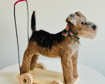 Needle felted Fox Terrier/Dog on wheels/Terrier art/Pushalong Toys/Model dogs/Dog decor/Terrier lover gift/Dog ornament/Vintage felted dog